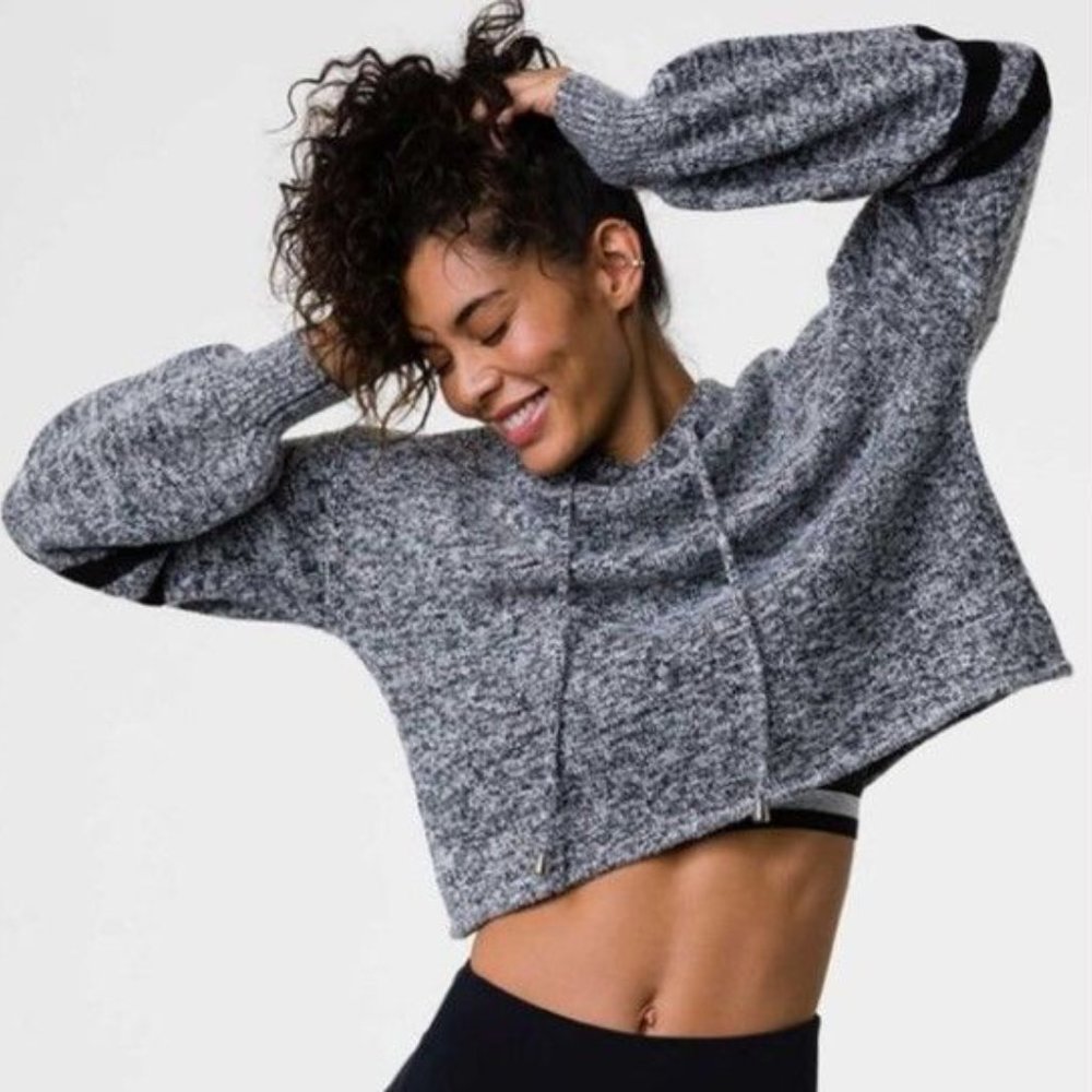 Onzie Varsity Striped Blouson Sleeve Knit Crop Hoodie Sweater S/M